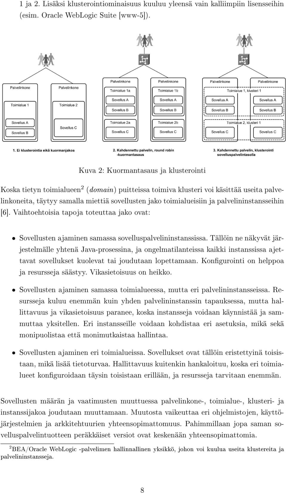 palvelininstansseihin [6]. Vaihtoehtoisia tapoja toteuttaa jako ovat: ˆ Sovellusten ajaminen samassa sovelluspalvelininstanssissa.