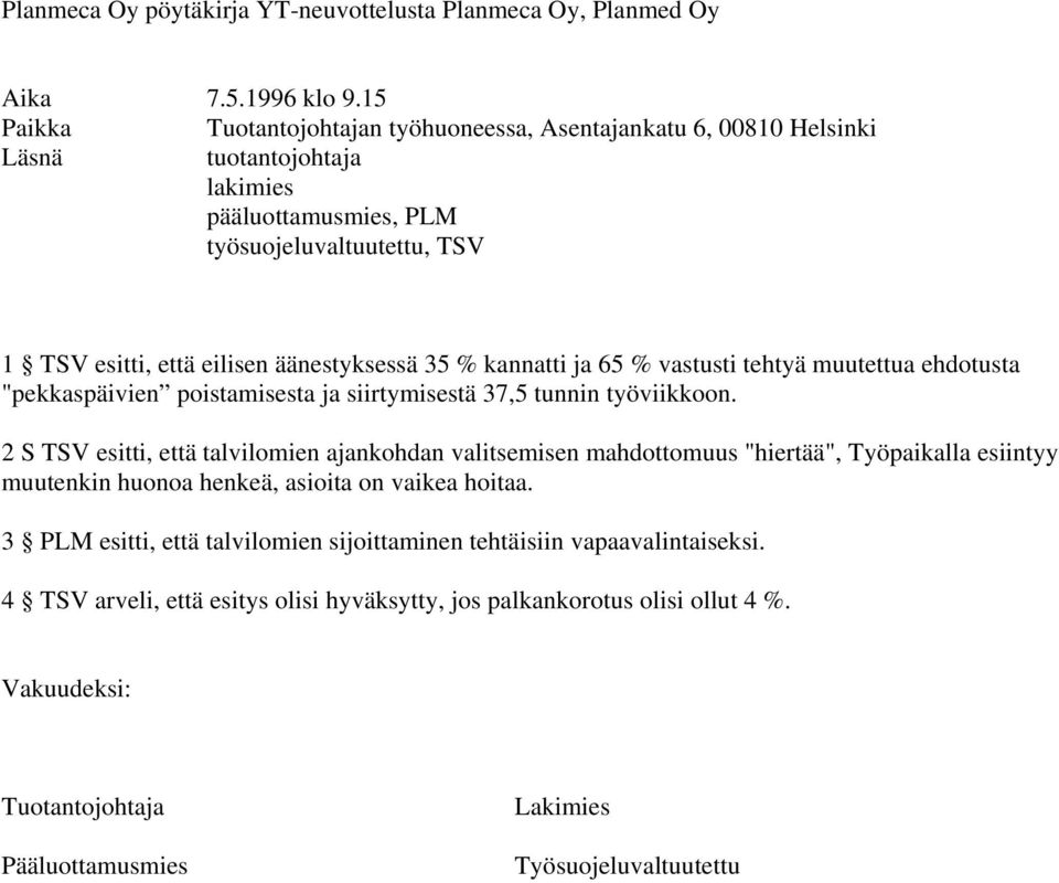 % kannatti ja 65 % vastusti tehtyä muutettua ehdotusta "pekkaspäivien poistamisesta ja siirtymisestä 37,5 tunnin työviikkoon.