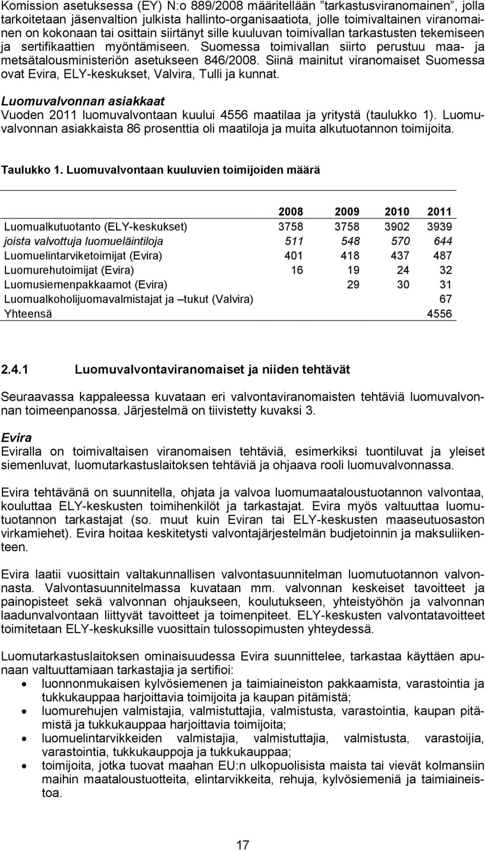 Siinä mainitut viranomaiset Suomessa ovat Evira, ELY-keskukset, Valvira, Tulli ja kunnat. Luomuvalvonnan asiakkaat Vuoden 2011 luomuvalvontaan kuului 4556 maatilaa ja yritystä (taulukko 1).