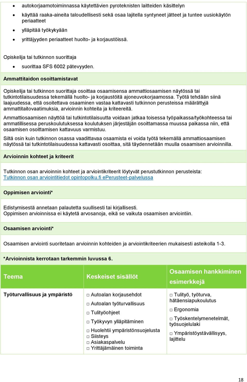 Ammattitaidon osoittamistavat Opiskelija tai tutkinnon suorittaja osoittaa osaamisensa ammattiosaamisen näytössä tai tutkintotilaisuudessa tekemällä huolto- ja korjaustöitä ajoneuvokorjaamossa.