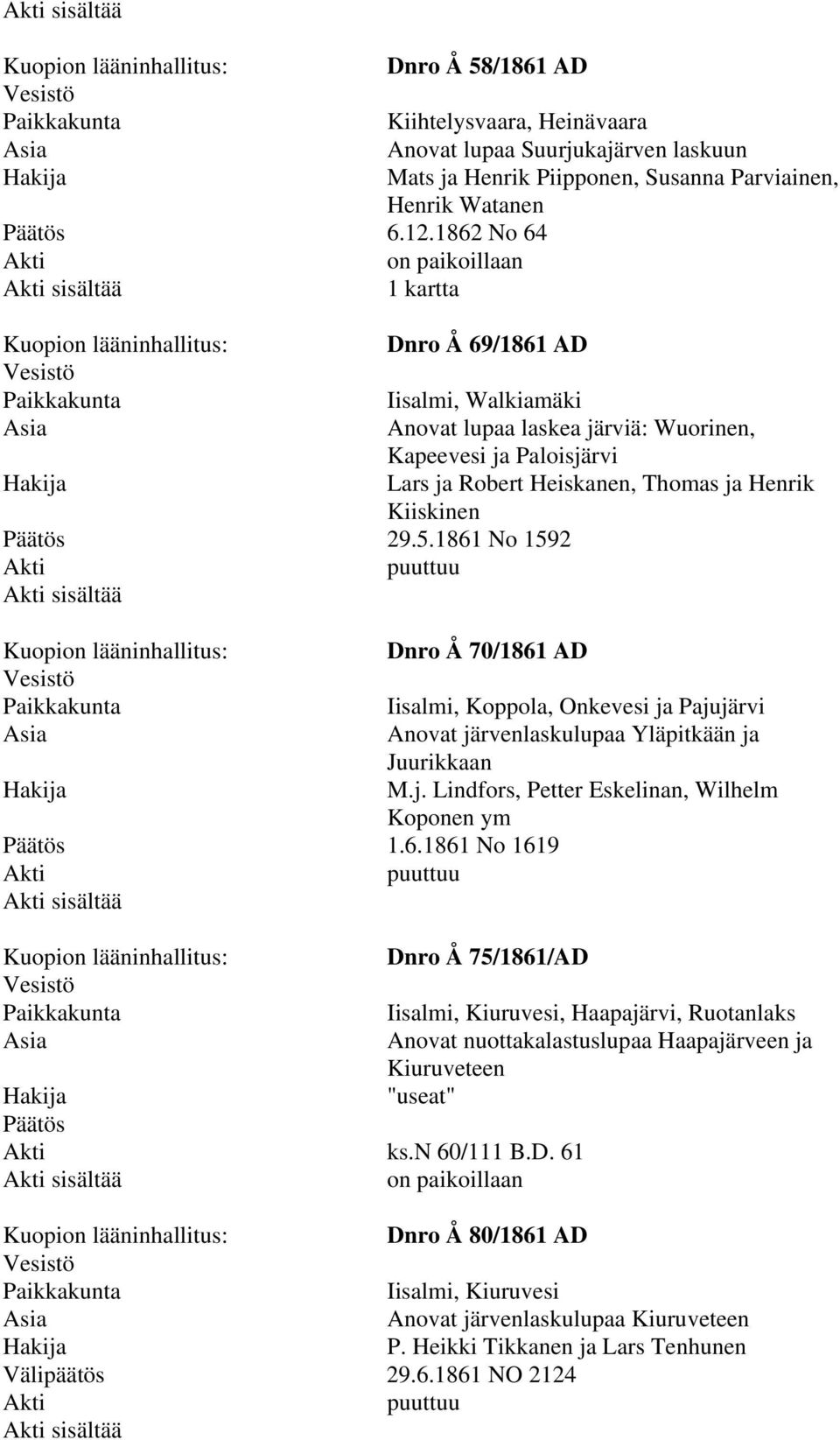 1861 No 1592 Dnro Å 70/1861 AD Iisalmi, Koppola, Onkevesi ja Pajujärvi Anovat järvenlaskulupaa Yläpitkään ja Juurikkaan M.j. Lindfors, Petter Eskelinan, Wilhelm Koponen ym 1.6.1861 No 1619 Dnro Å 75/1861/AD ks.
