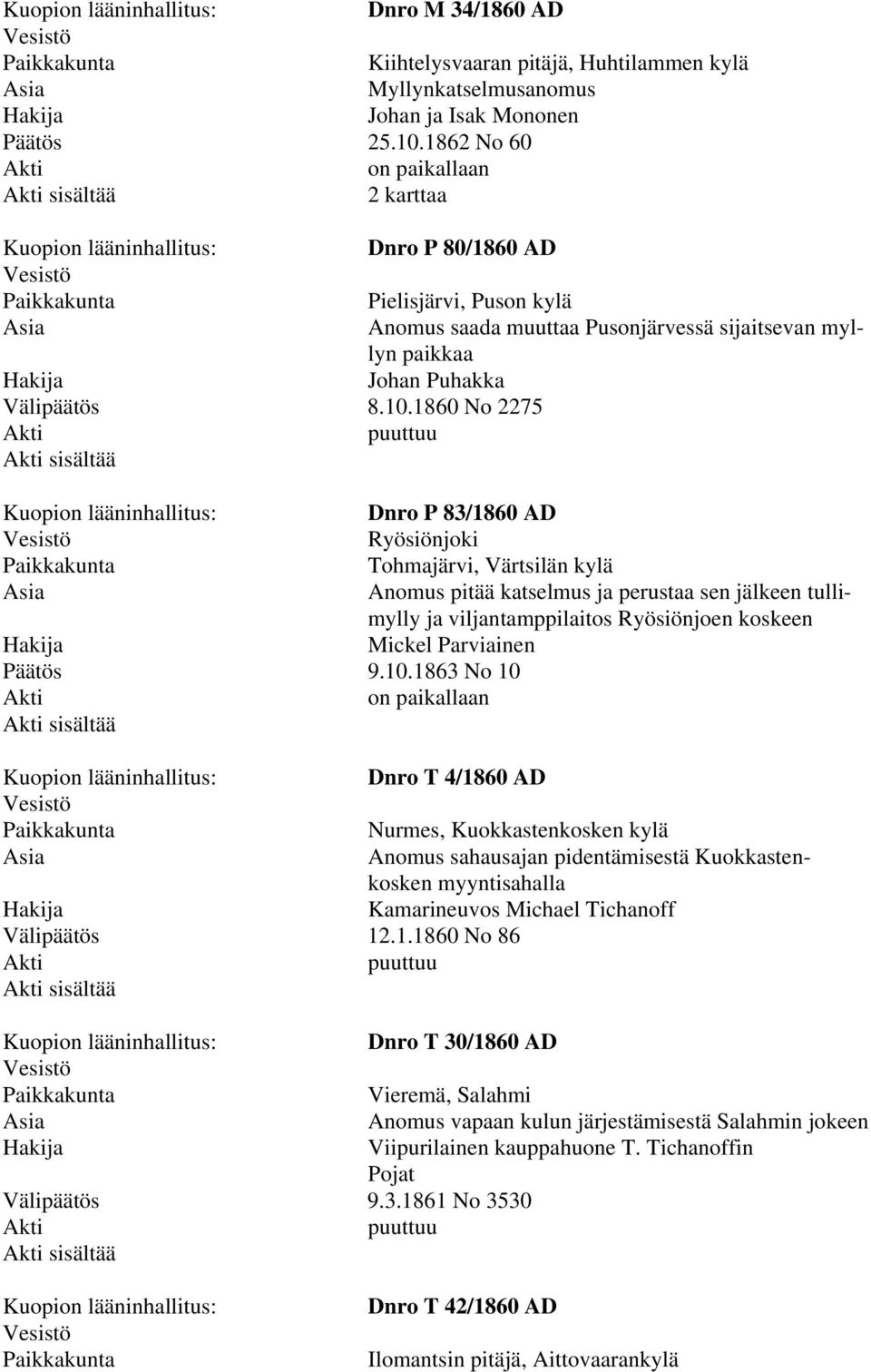 1860 No 2275 Dnro P 83/1860 AD Ryösiönjoki Tohmajärvi, Värtsilän kylä Anomus pitää katselmus ja perustaa sen jälkeen tullimylly ja viljantamppilaitos Ryösiönjoen koskeen Mickel Parviainen 9.10.