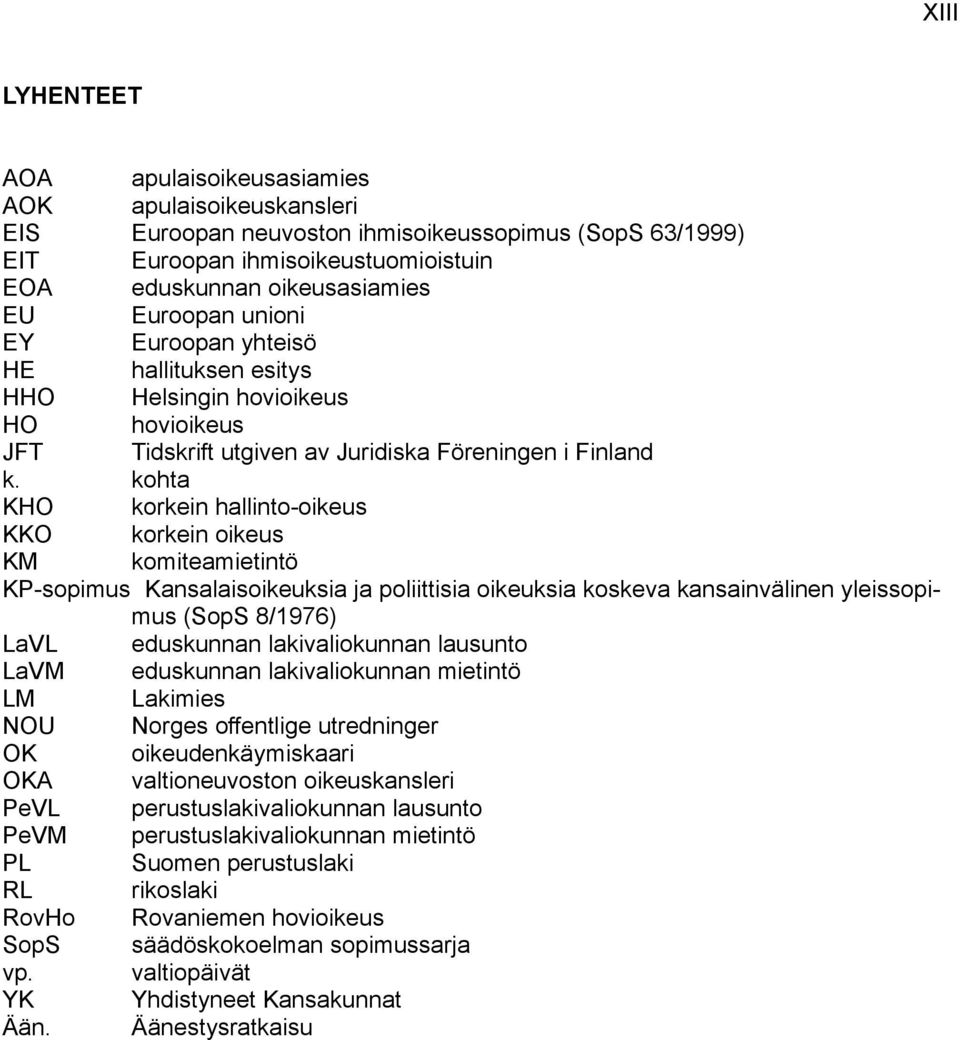 kohta KHO korkein hallinto-oikeus KKO korkein oikeus KM komiteamietintö KP-sopimus Kansalaisoikeuksia ja poliittisia oikeuksia koskeva kansainvälinen yleissopimus (SopS 8/1976) LaVL eduskunnan