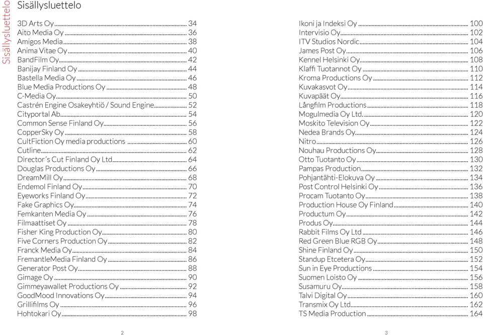 .. 58 CultFiction Oy media productions... 60 Cutline... 62 Director s Cut Finland Oy Ltd... 64 Douglas Productions Oy... 66 DreamMill Oy... 68 Endemol Finland Oy... 70 Eyeworks Finland Oy.