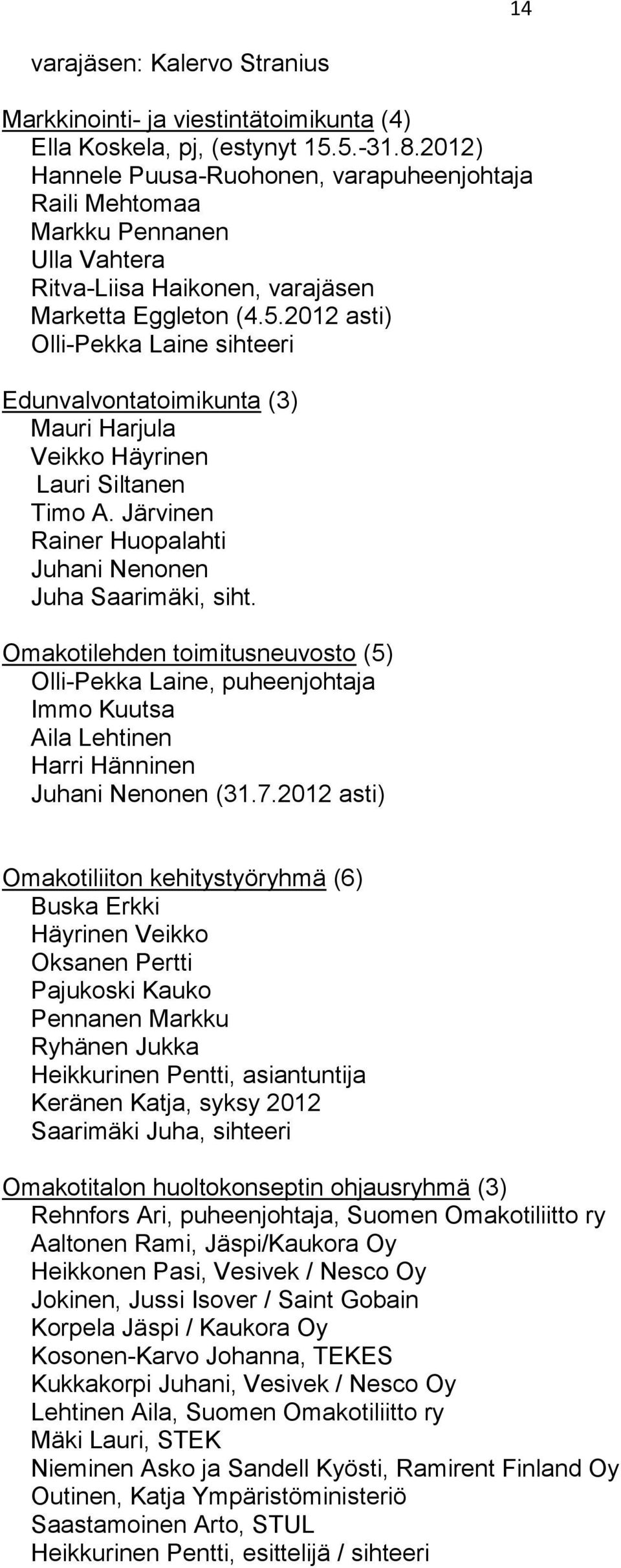 2012 asti) Olli-Pekka Laine sihteeri Edunvalvontatoimikunta (3) Mauri Harjula Veikko Häyrinen Lauri Siltanen Timo A. Järvinen Rainer Huopalahti Juhani Nenonen Juha Saarimäki, siht.