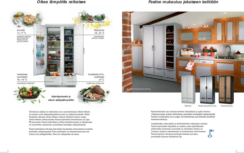 ..+10 O C VIHANNEKSET, HEDELMÄT TUORESÄILYTYS- LAATIKKO ±0 O C TUORE KALA, TUORE LIHA Kuvan kylmiökokonaisuus harmaa Kylmiöpakastin ja oikeat säilytyslämpötilat Valkoinen Musta/ruostumaton teräs