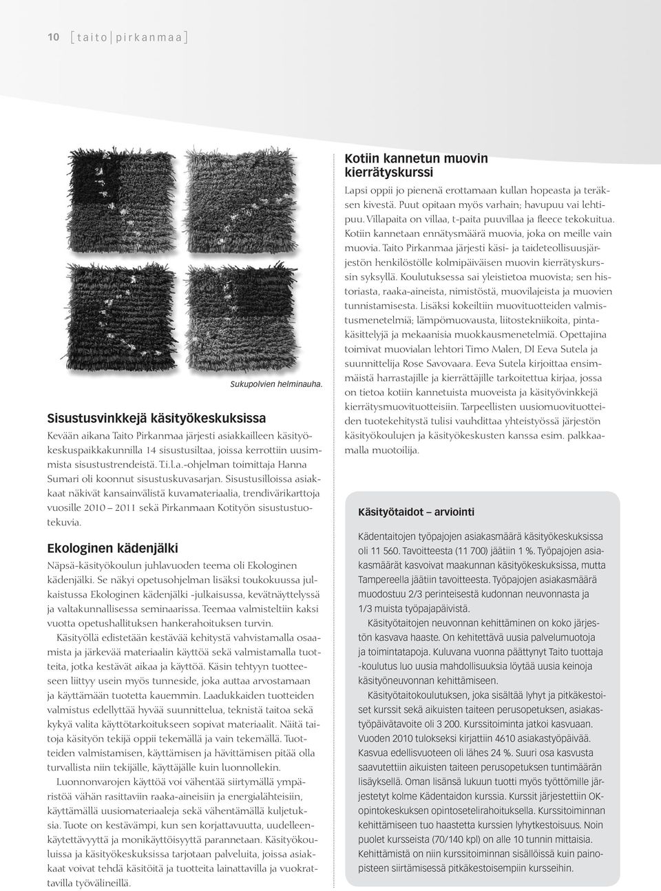 Sisustus illoissa asiakkaat näkivät kansainvälistä kuvamateriaalia, trendivärikarttoja vuosille 2010 2011 sekä Pirkanmaan Kotityön sisustustuotekuvia. Ekologinen kädenjälki Sukupolvien helminauha.