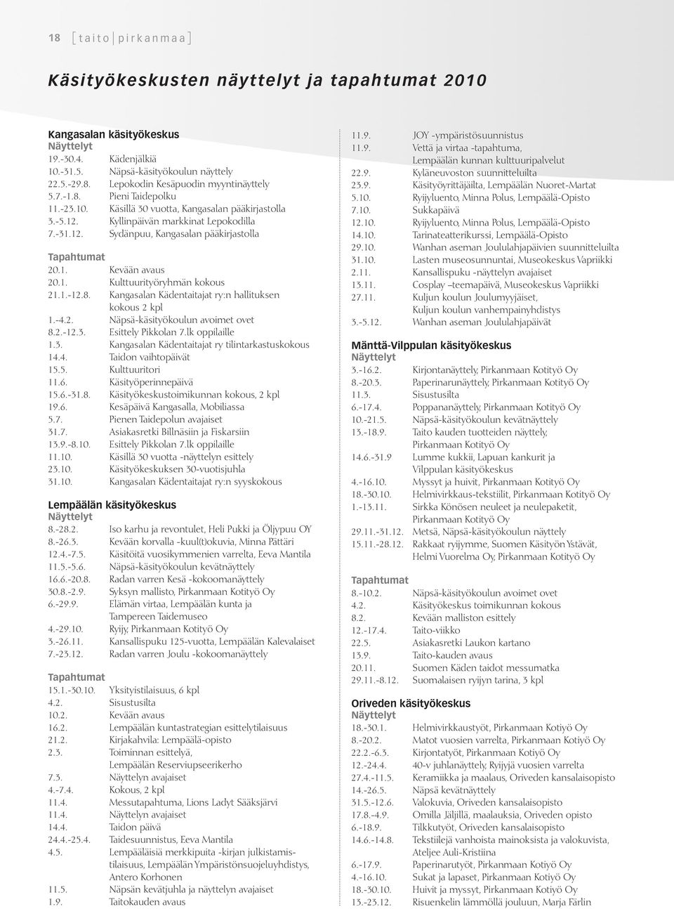 1. Kulttuurityöryhmän kokous 21.1.-12.8. Kangasalan Kädentaitajat ry:n hallituksen kokous 2 kpl 1.-4.2. Näpsä-käsityökoulun avoimet ovet 8.2.-12.3. Esittely Pikkolan 7.lk oppilaille 1.3. Kangasalan Kädentaitajat ry tilintarkastuskokous 14.