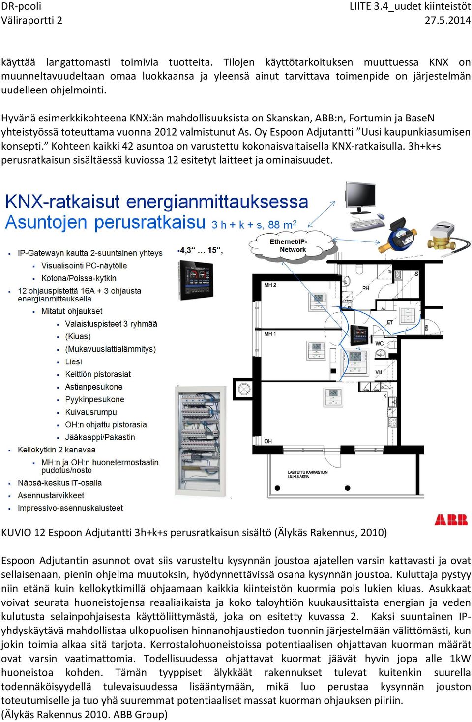 Kohteen kaikki 42 asuntoa on varustettu kokonaisvaltaisella KNX-ratkaisulla. 3h+k+s perusratkaisun sisältäessä kuviossa 12 esitetyt laitteet ja ominaisuudet.