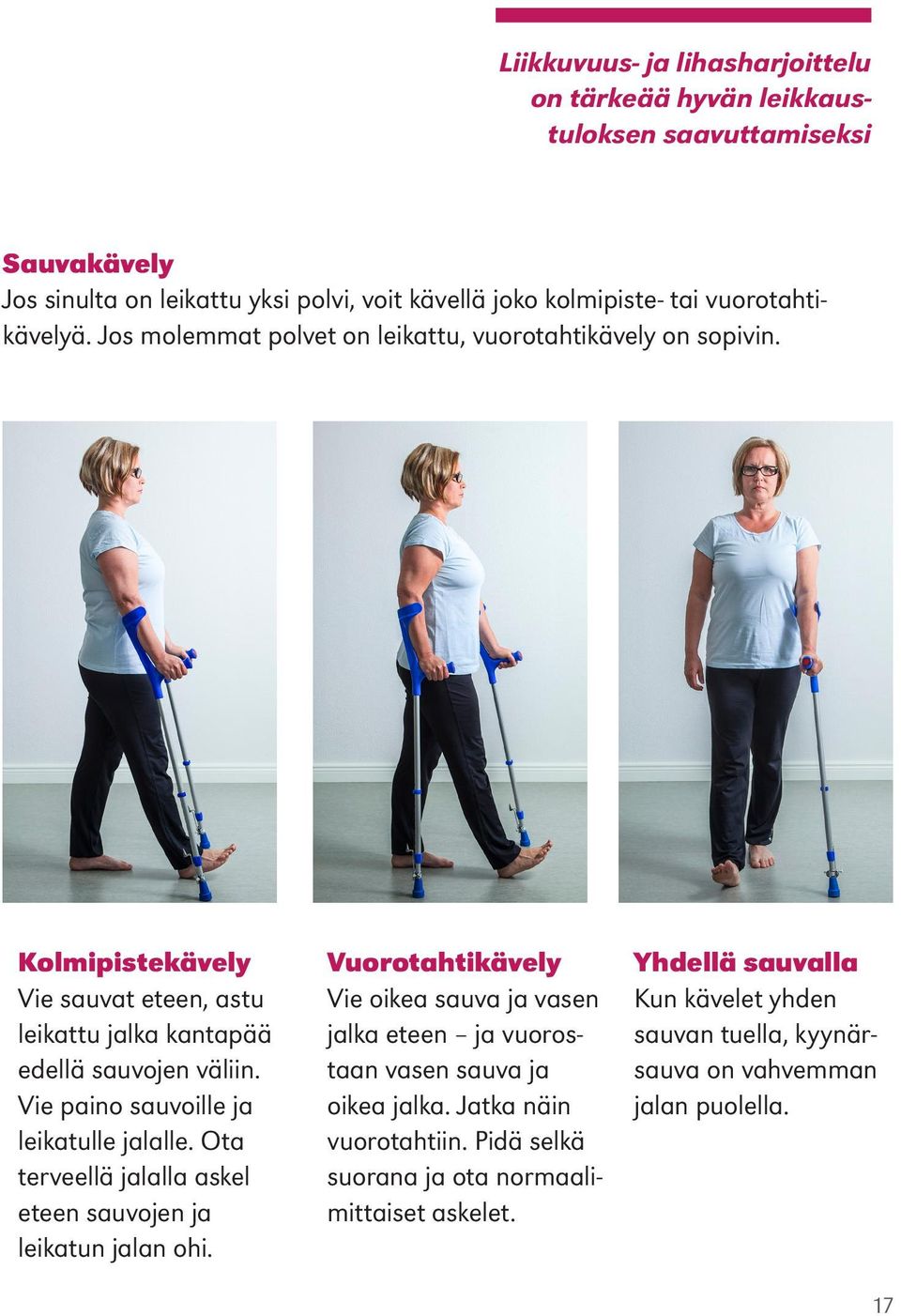 Vie paino sauvoille ja leikatulle jalalle. Ota terveellä jalalla askel eteen sauvojen ja leikatun jalan ohi.