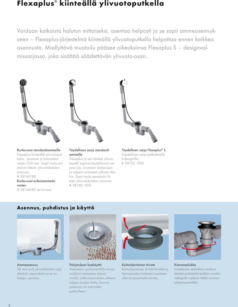 Runko-osat standardiammeille Flexaplus kiinteällä ylivuotoputkella, joustava ja kulumaton vaijeri 520 mm. Sopii myös ammeisiin litteän ylivuotokotelon ansiosta.