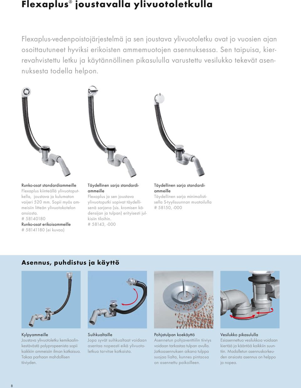 Runko-osat standardiammeille Flexaplus kiinteällä ylivuotoputkella, joustava ja kulumaton vaijeri 520 mm. Sopii myös ammeisiin litteän ylivuotokotelon ansiosta.