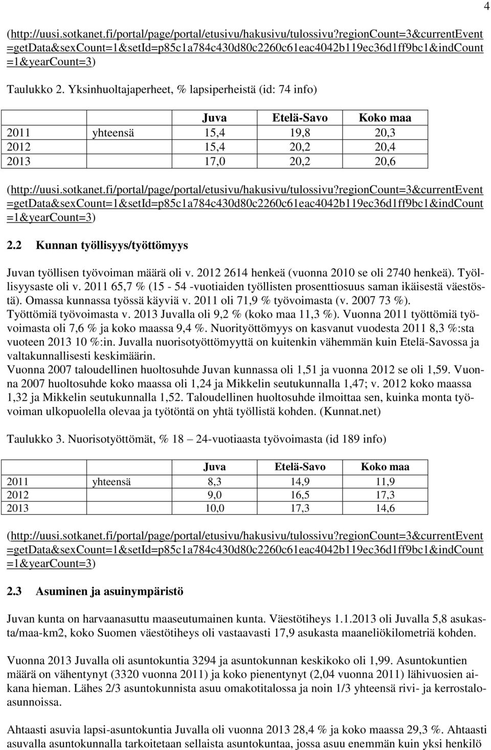 Yksinhuoltajaperheet, % lapsiperheistä (id: 74 info) Juva Etelä-Savo Koko maa 2011 yhteensä 15,4 19,8 20,3 2012 15,4 20,2 20,4 2013 17,0 20,2 20,6 regioncount=3&currentevent