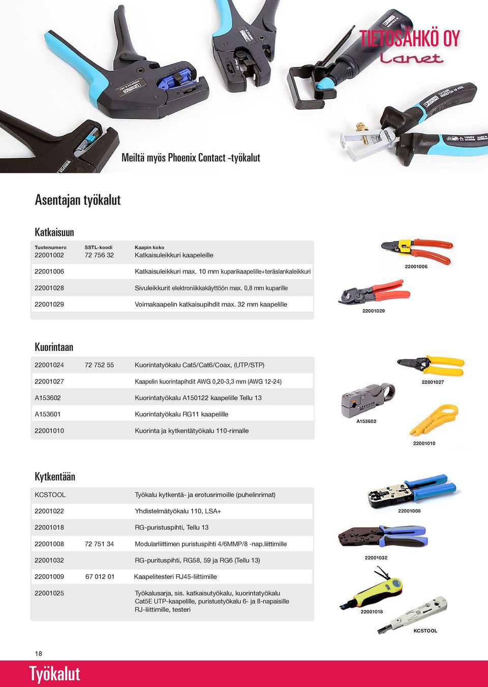 32 mm kaapelille 22001029 Kuorintaan 22001024 72 752 55 Kuorintatyökalu Cat5/Cat6/Coax, (UTP/STP) 22001027 Kaapelin kuorintapihdit AWG 0,20-3,3 mm (AWG 12-24) 22001027 A153602 Kuorintatyökalu A150122