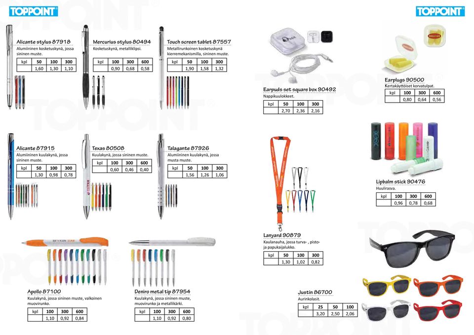 2,70 2,36 2,16 Earplugs 90500 Kertakäyttöiset korvatulpat. 0,80 0,64 0,56 Alicante 87915 Alumiininen kuulakynä, jossa sininen muste. 1,30 0,98 0,78 Texas 80508 Kuulakynä, jossa sininen muste.