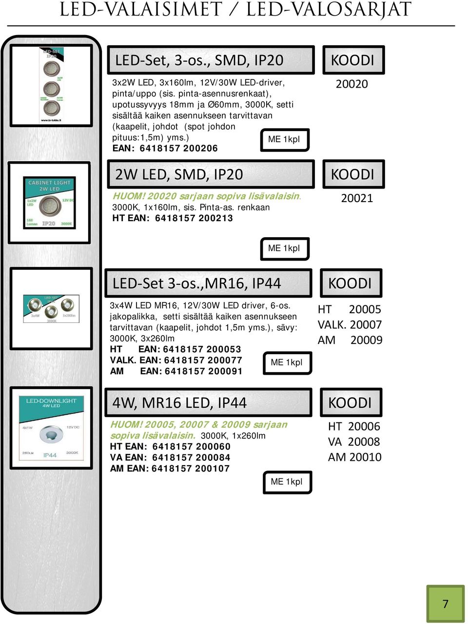 20020 sarjaan sopiva lisävalaisin. 3000K, 1x160lm, sis. Pinta-as. renkaan HT EAN: 6418157 200213 20020 20021 LED Set 3 os.,mr16, IP44 3x4W LED MR16, 12V/30W LED driver, 6-os.