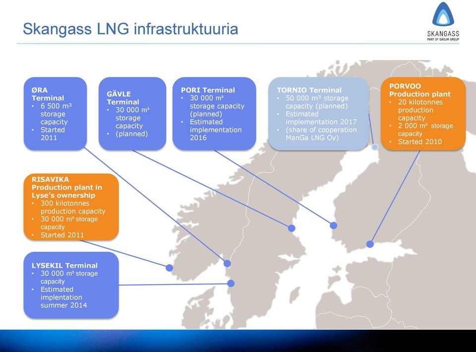 cooperation ManGa LNG Oy) PORVOO Production plant 20 kilotonnes production capacity 2 000 m³ storage capacity Started 2010 RISAVIKA Production plant in Lyse