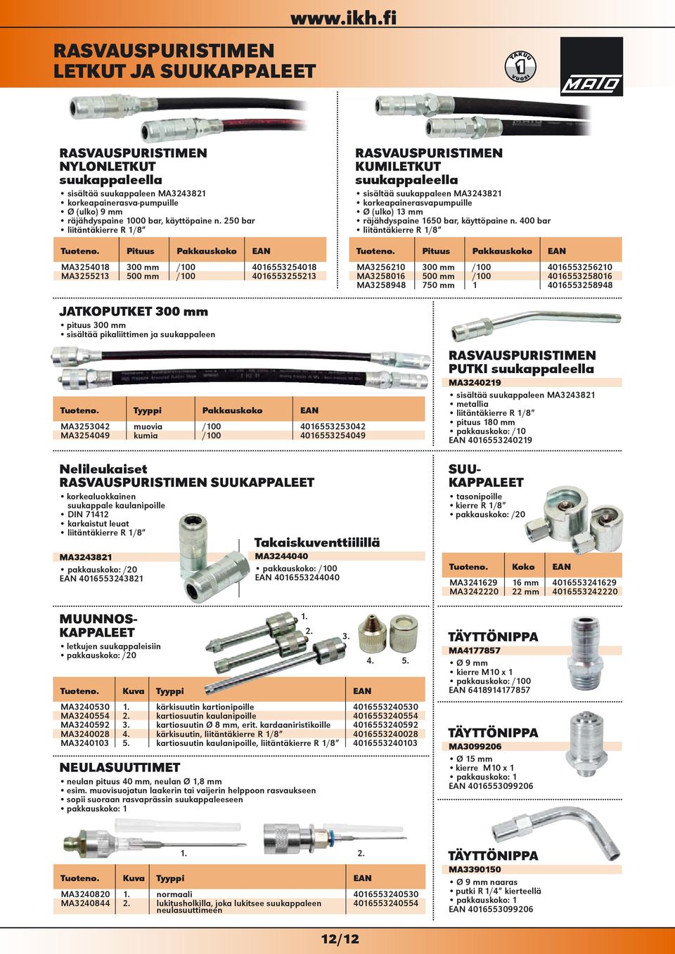 Pituus Pakkauskoko MA3254018 300 mm /100 4016553254018 MA3255213 500 mm /100 4016553255213 RASVAUSPURISTIMEN KUMILETKUT suukappaleella sisältää suukappaleen MA3243821 korkeapainerasvapumpuille Ø