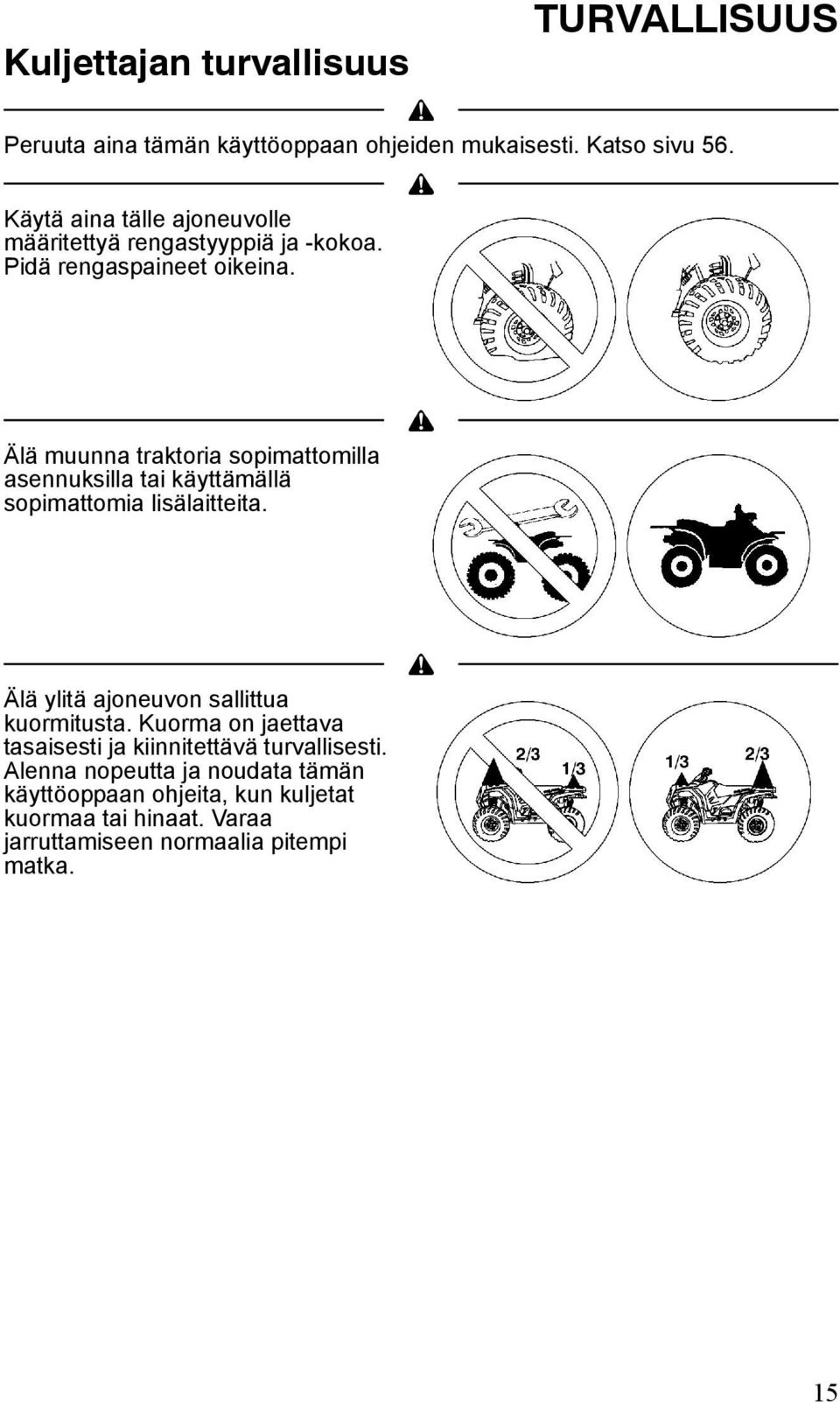 Älä muunna traktoria sopimattomilla asennuksilla tai käyttämällä sopimattomia lisälaitteita.