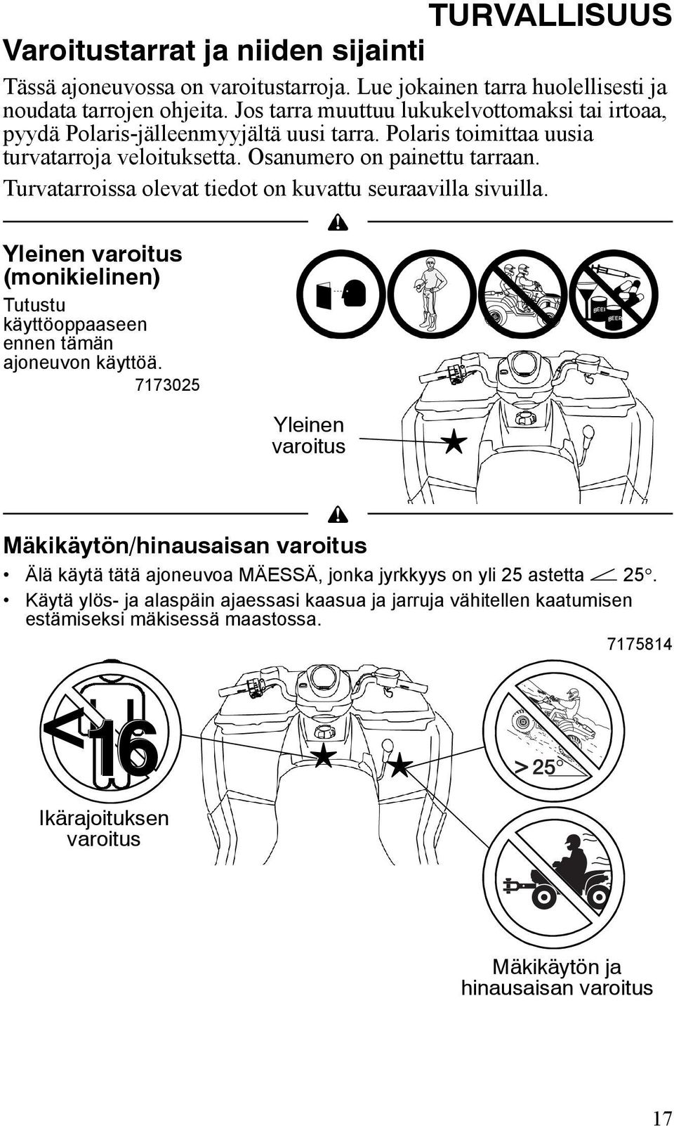 Turvatarroissa olevat tiedot on kuvattu seuraavilla sivuilla. Yleinen varoitus (monikielinen) Tutustu käyttöoppaaseen ennen tämän ajoneuvon käyttöä.