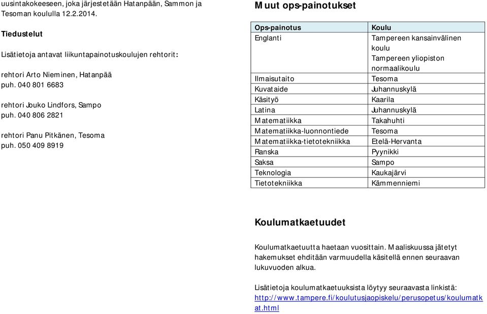 050 409 8919 Muut ops-painotukset Ops-painotus Englanti Ilmaisutaito Kuvataide Käsityö Latina Matematiikka Matematiikka-luonnontiede Matematiikka-tietotekniikka Ranska Saksa Teknologia Tietotekniikka