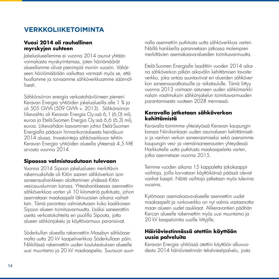 Sähkönsiirron energia verkostohäviöineen pieneni Keravan Energia -yhtiöiden jakelualueilla alle 1 % ja oli 505 GWh (509 GWh v. 2013).