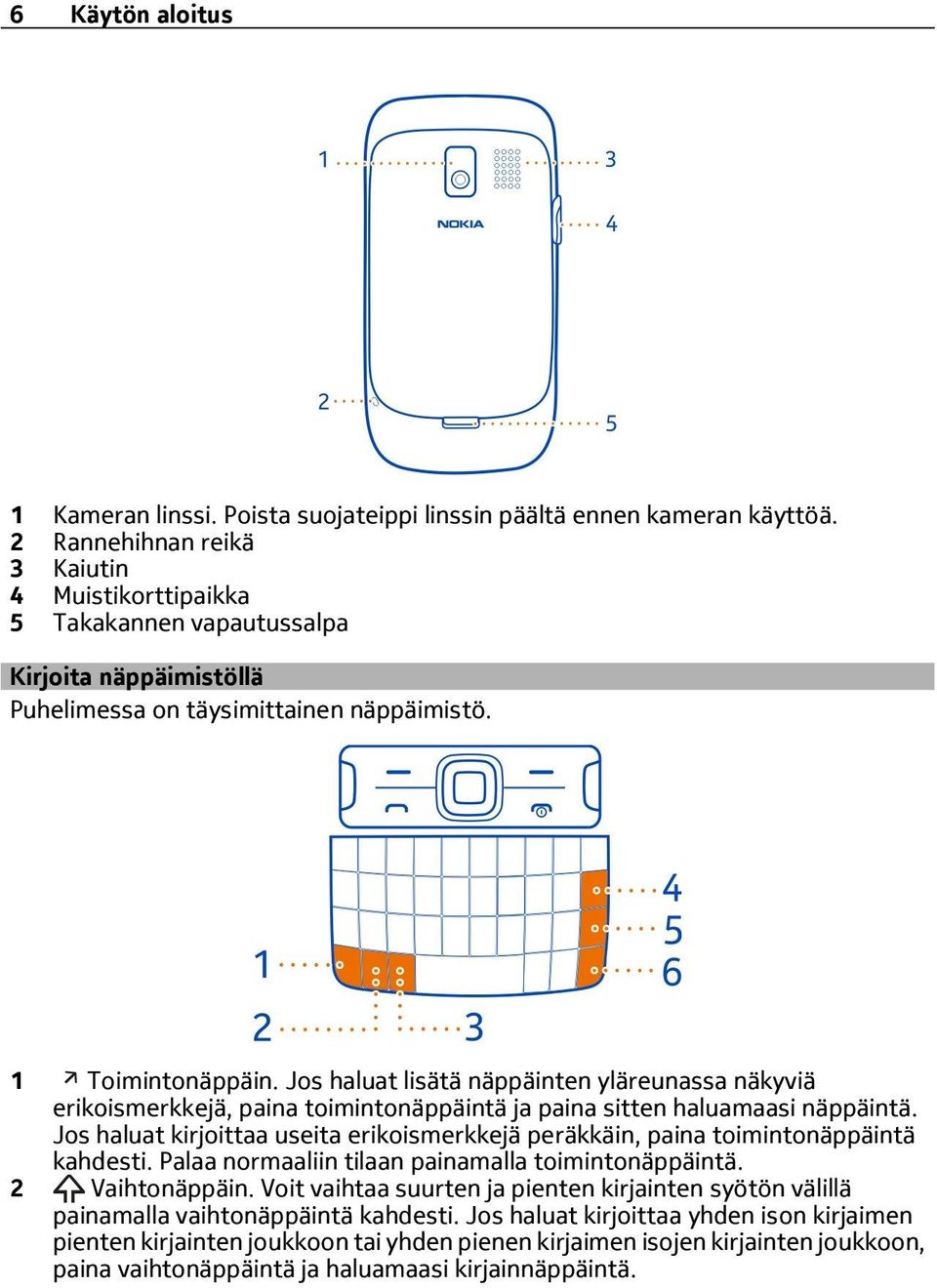 Jos haluat lisätä näppäinten yläreunassa näkyviä erikoismerkkejä, paina toimintonäppäintä ja paina sitten haluamaasi näppäintä.