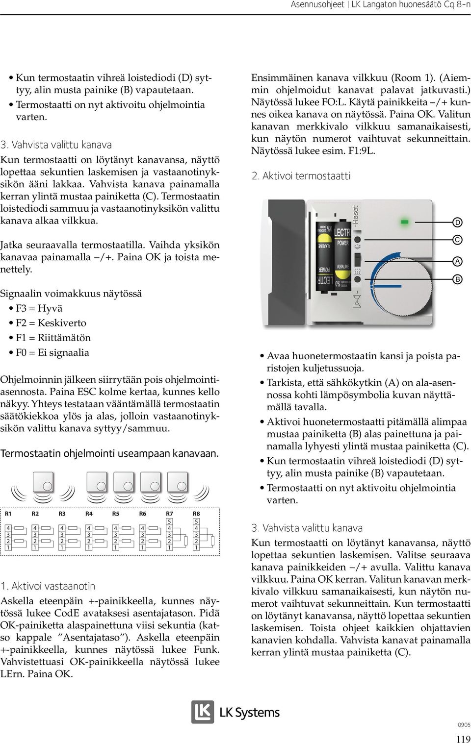 Vahvista kanava painamalla kerran ylintä mustaa painiketta (C). Termostaatin loistediodi sammuu ja vastaanotinyksikön valittu kanava alkaa vilkkua. Jatka seuraavalla termostaatilla.