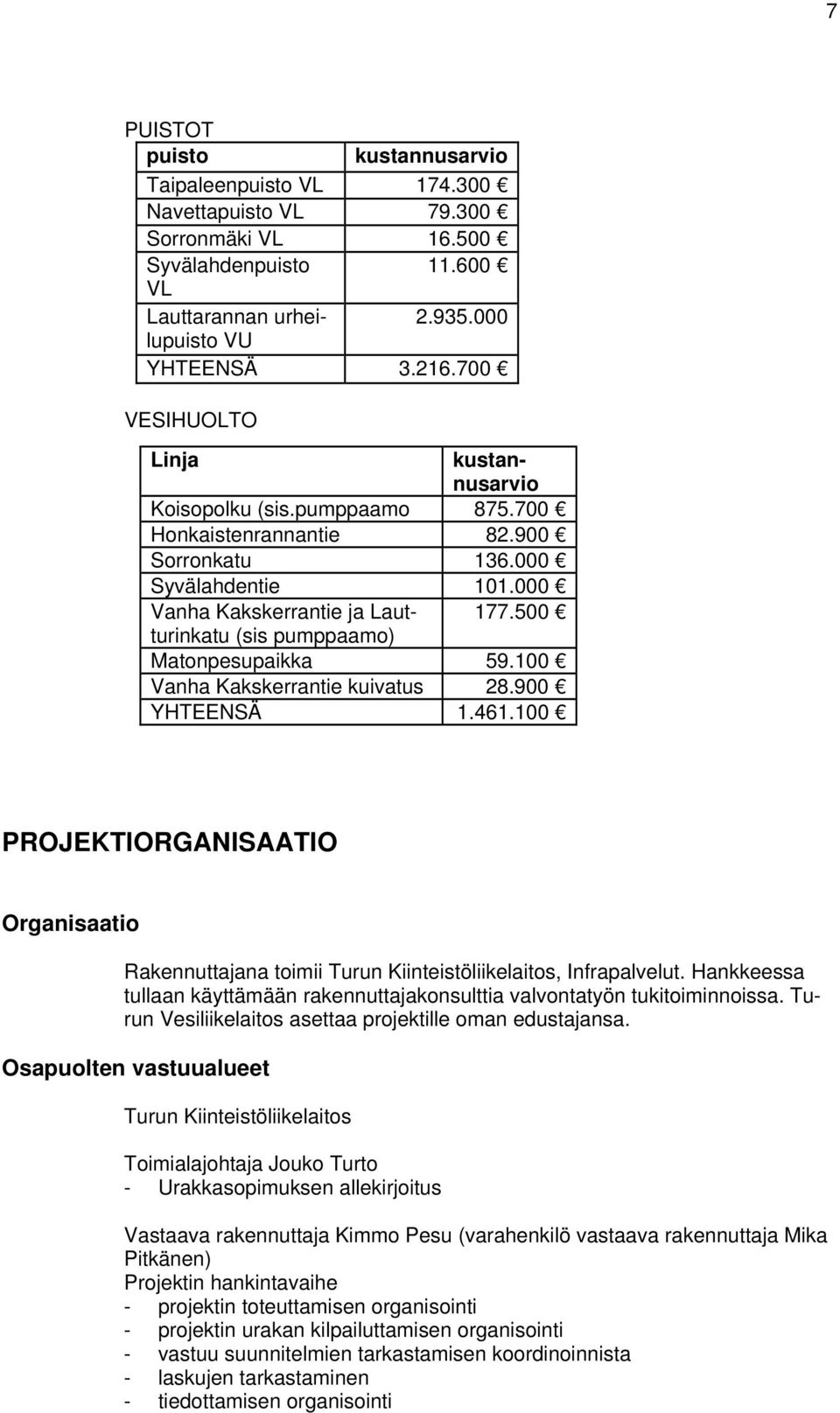 500 (sis pumppaamo) Matonpesupaikka 59.100 Vanha Kakskerrantie kuivatus 28.900 YHTEENSÄ 1.461.100 PROJEKTIORGANISAATIO Organisaatio Rakennuttajana toimii Turun Kiinteistöliikelaitos, Infrapalvelut.