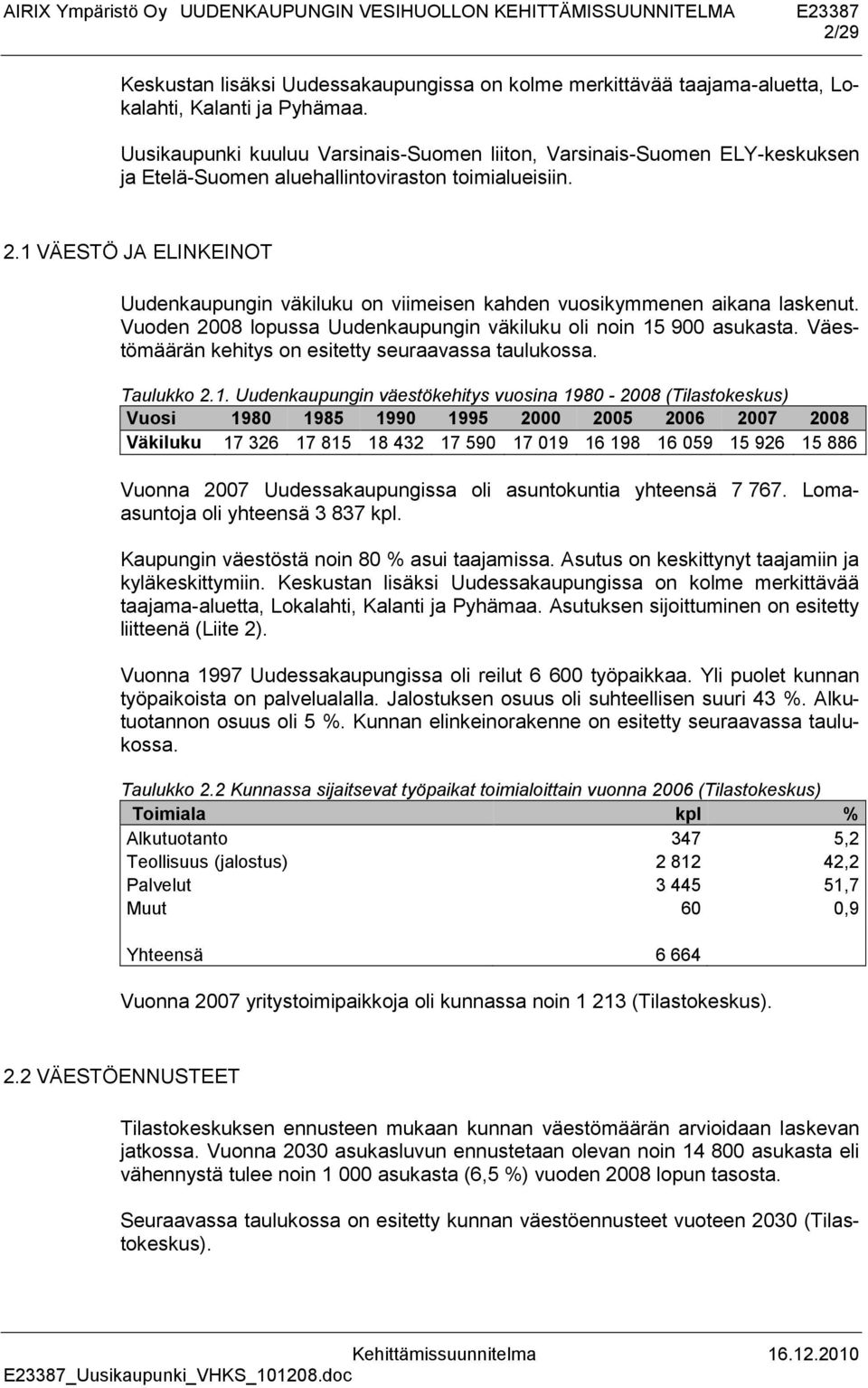 1 VÄESTÖ JA ELINKEINOT Uudenkaupungin väkiluku on viimeisen kahden vuosikymmenen aikana laskenut. Vuoden 2008 lopussa Uudenkaupungin väkiluku oli noin 15 900 asukasta.