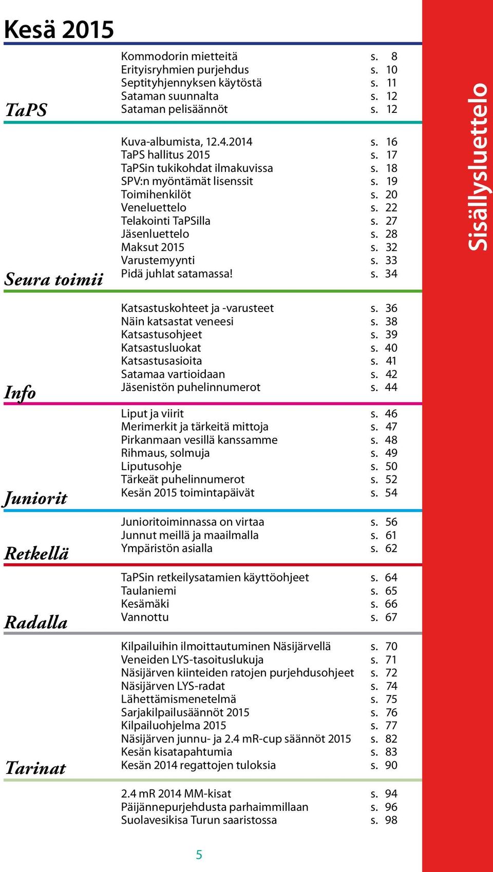 32 Varustemyynti s. 33 Pidä juhlat satamassa! s. 34 Sisällysluettelo TaPS Info Juniorit Retkellä Radalla Tarinat Katsastuskohteet ja -varusteet s. 36 Näin katsastat veneesi s. 38 Katsastusohjeet s.