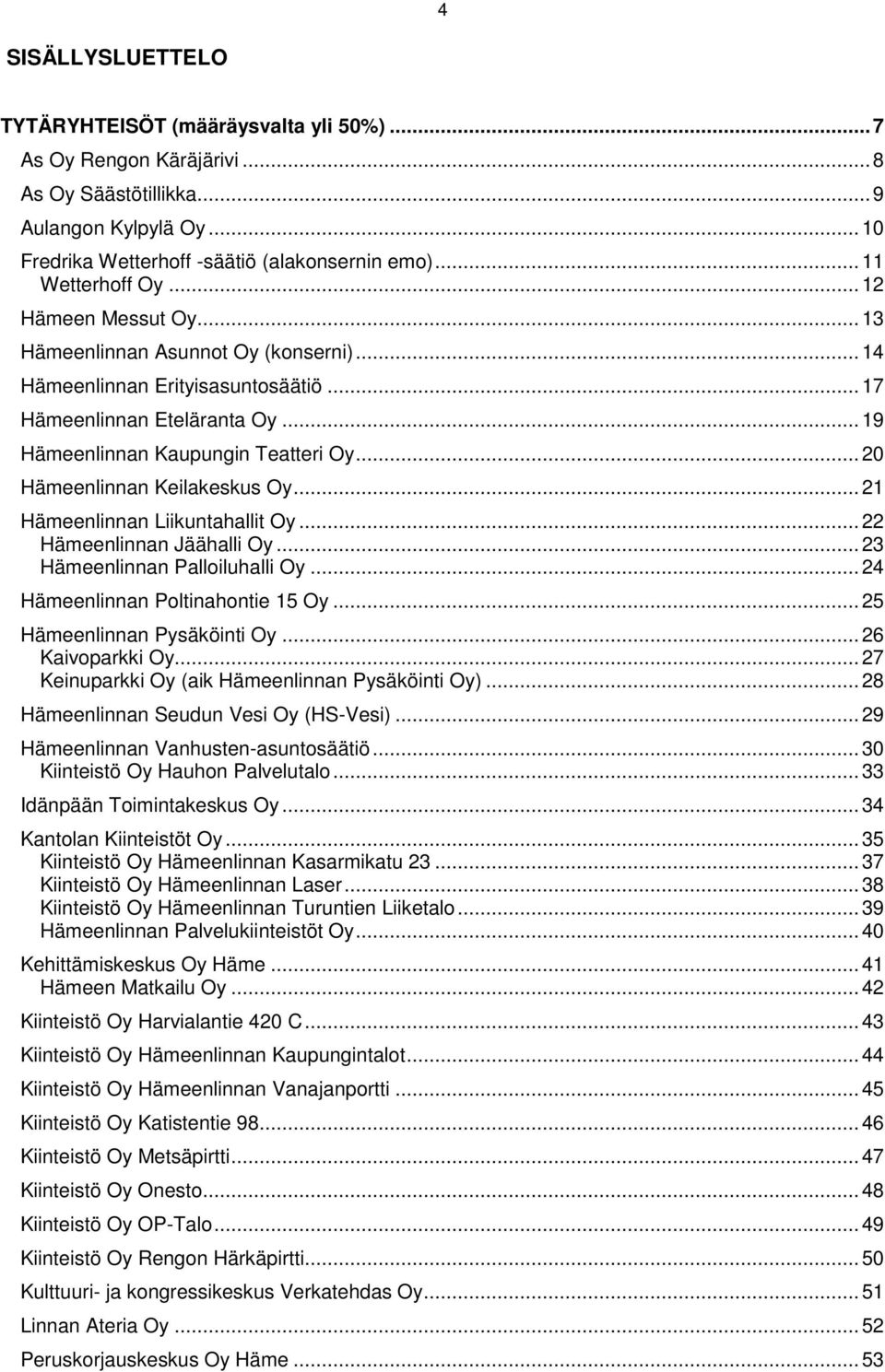 .. 20 Hämeenlinnan Keilakeskus Oy... 21 Hämeenlinnan Liikuntahallit Oy... 22 Hämeenlinnan Jäähalli Oy... 23 Hämeenlinnan Palloiluhalli Oy... 24 Hämeenlinnan Poltinahontie 15 Oy.