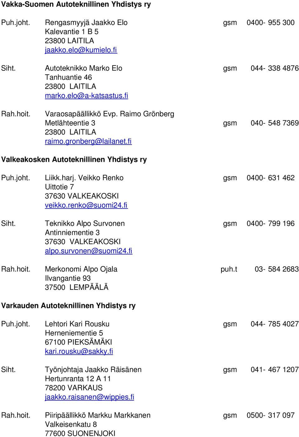 gronberg@lailanet.fi Valkeakosken Autoteknillinen Yhdistys ry Puh.joht. Liikk.harj. Veikko Renko gsm 0400-631 462 Uittotie 7 37630 VALKEAKOSKI veikko.renko@suomi24.fi Siht.