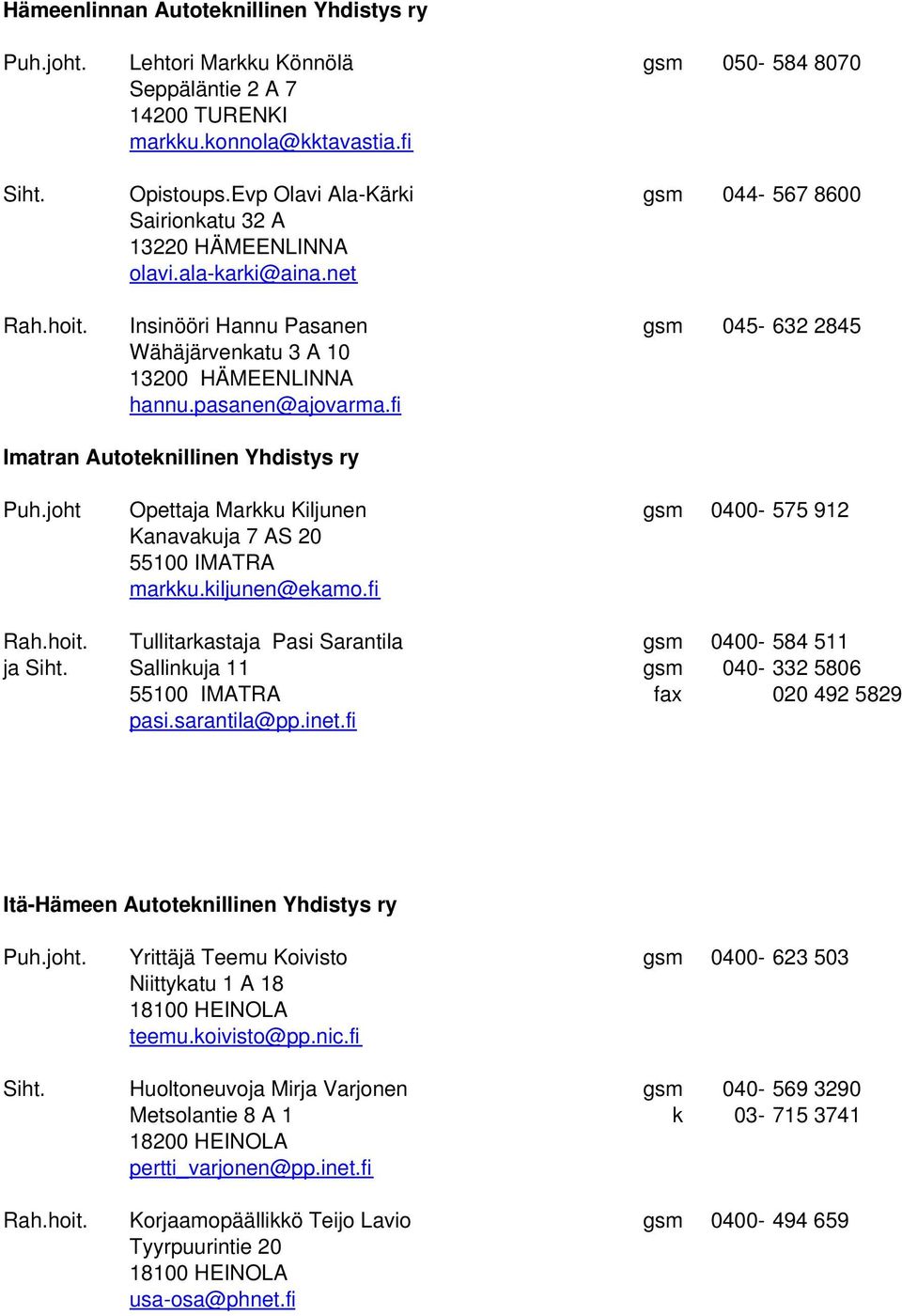 pasanen@ajovarma.fi Imatran Autoteknillinen Yhdistys ry Puh.joht Opettaja Markku Kiljunen gsm 0400-575 912 Kanavakuja 7 AS 20 55100 IMATRA markku.kiljunen@ekamo.fi Rah.hoit.