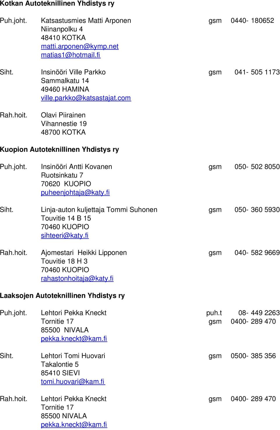 Insinööri Antti Kovanen gsm 050-502 8050 Ruotsinkatu 7 70620 KUOPIO puheenjohtaja@katy.fi Siht. Linja-auton kuljettaja Tommi Suhonen gsm 050-360 5930 Touvitie 14 B 15 70460 KUOPIO sihteeri@katy.