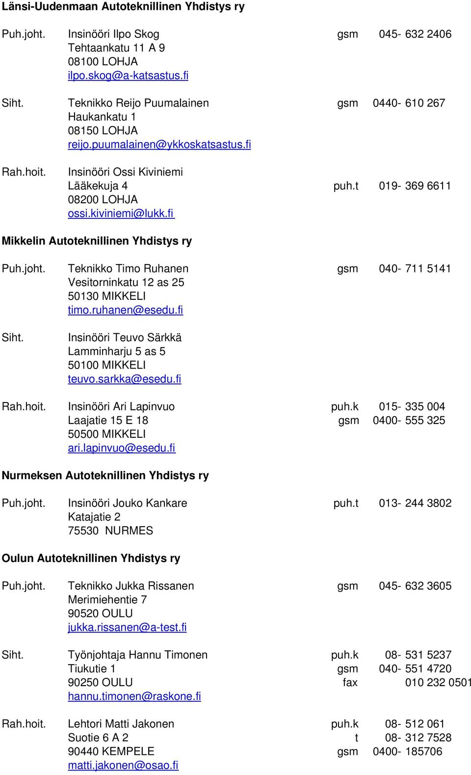 kiviniemi@lukk.fi Mikkelin Autoteknillinen Yhdistys ry Puh.joht. Teknikko Timo Ruhanen gsm 040-711 5141 Vesitorninkatu 12 as 25 50130 MIKKELI timo.ruhanen@esedu.fi Siht.