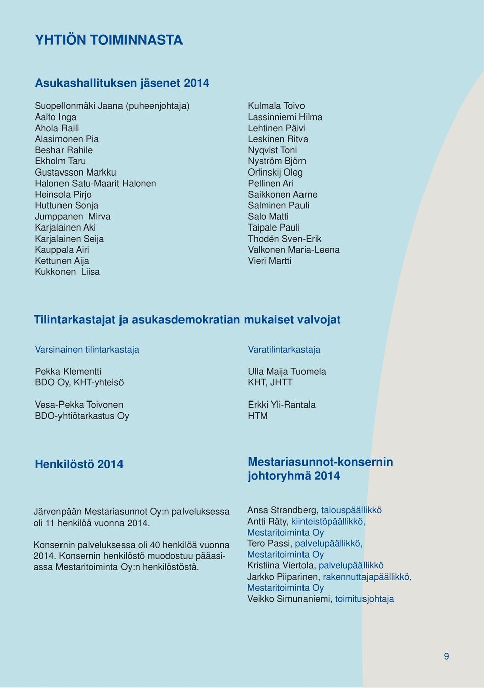 Nyström Björn Orfi nskij Oleg Pellinen Ari Saikkonen Aarne Salminen Pauli Salo Matti Taipale Pauli Thodén Sven-Erik Valkonen Maria-Leena Vieri Martti Tilintarkastajat ja asukasdemokratian mukaiset
