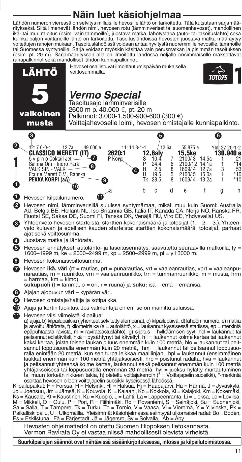 vain tammoille), juostava matka, lähetystapa (auto- tai tasoituslähtö) sekä kuinka paljon voittaneille lähtö on tarkoitettu.