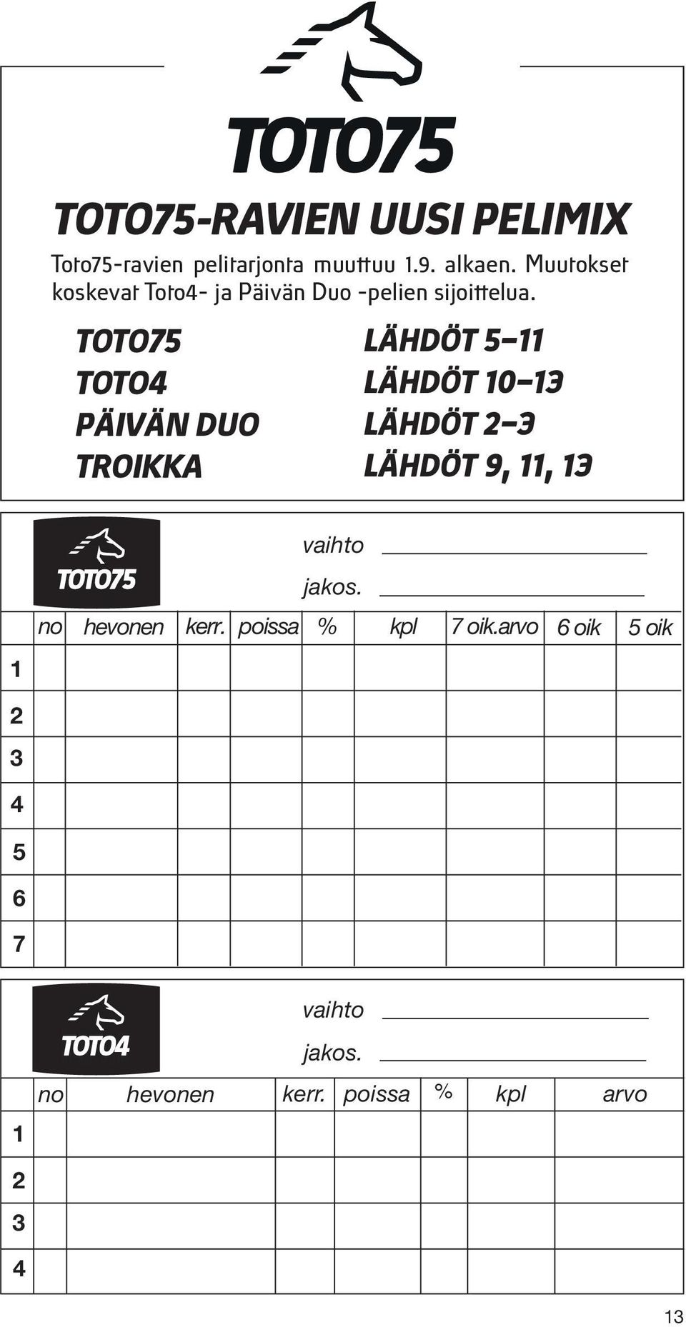 TOTO75 TOTO4 PÄIVÄN DUO TROIKKA LÄHDÖT 5 11 LÄHDÖT 10 13 LÄHDÖT 2 3 LÄHDÖT 9, 11, 13 1 2 3