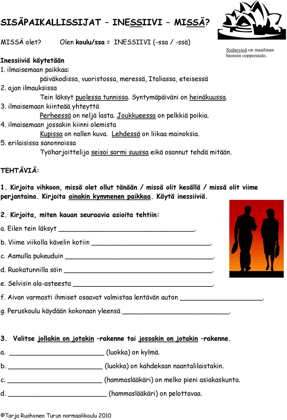 ilmaisemaan jossakin kiinni olemista Kupissa on nallen kuva. Lehdessä on liikaa mainoksia. 5. erilaisissa sanonnoissa Työharjoittelija seisoi sormi suussa eikä osannut tehdä mitään.