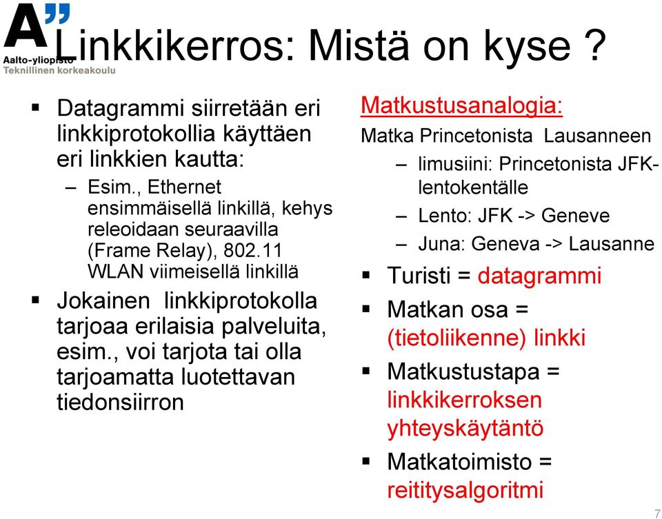 11 WLAN viimeisellä linkillä Jokainen linkkiprotokolla tarjoaa erilaisia palveluita, esim.