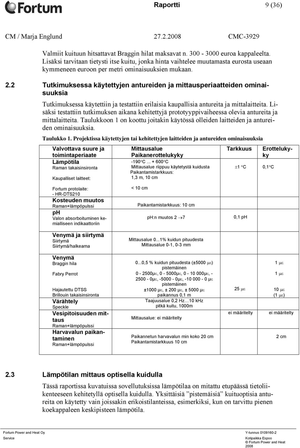 2 Tutkimuksessa käytettyjen antureiden ja mittausperiaatteiden ominaisuuksia Tutkimuksessa käytettiin ja testattiin erilaisia kaupallisia antureita ja mittalaitteita.