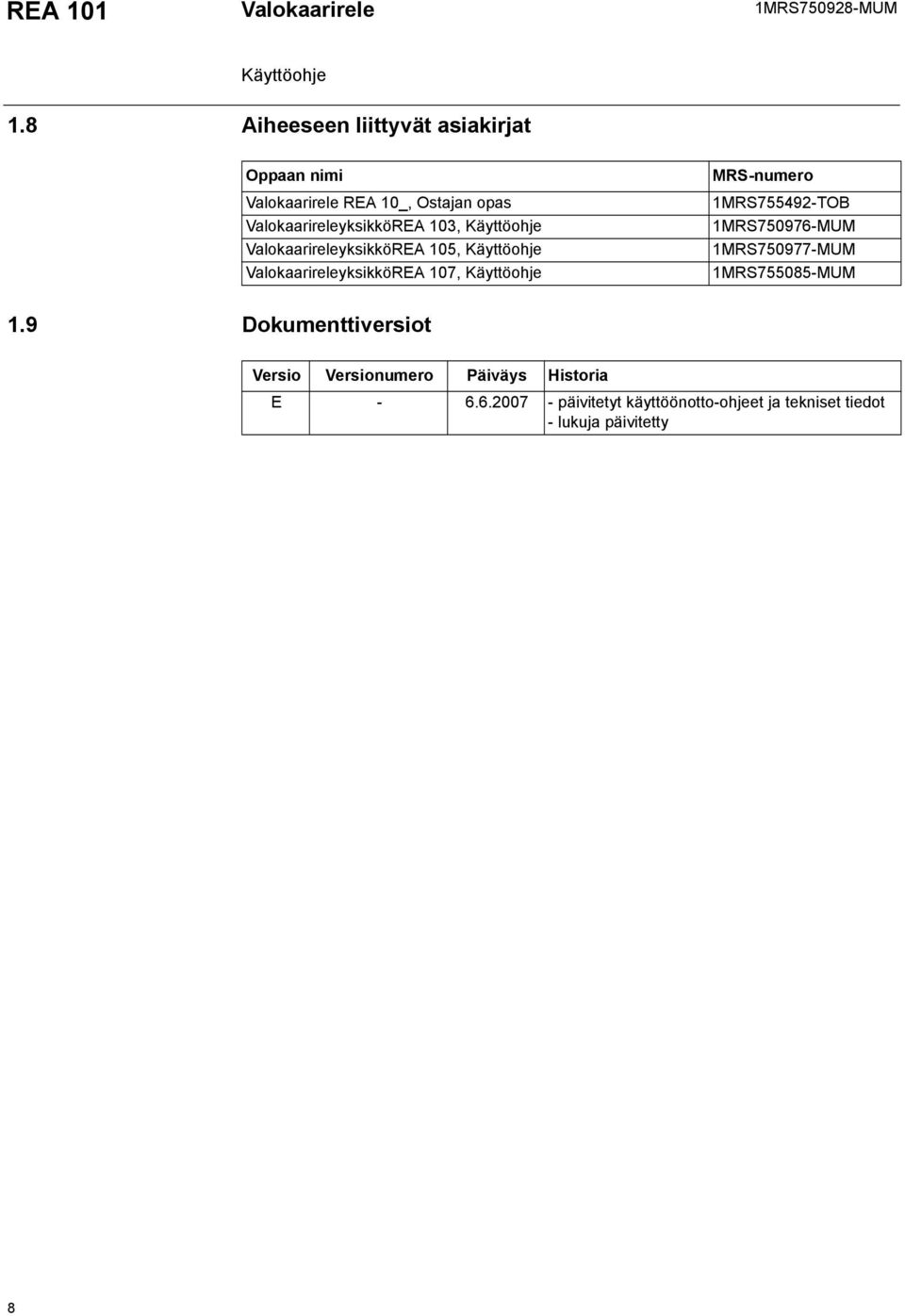 ValokaarireleyksikköREA 103, ValokaarireleyksikköREA 105, ValokaarireleyksikköREA 107, MRS-numero