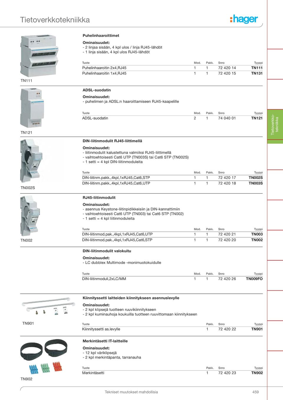 - liitinmodulit kalustettuna valmiiksi RJ45-liittimellä - vaihtoehtoisesti Cat6 UTP (TN003S) tai Cat6 STP (TN002S) - 1 setti = 4 kpl DIN-liitinmoduleita TN002S DIN-liitinm.pakk.