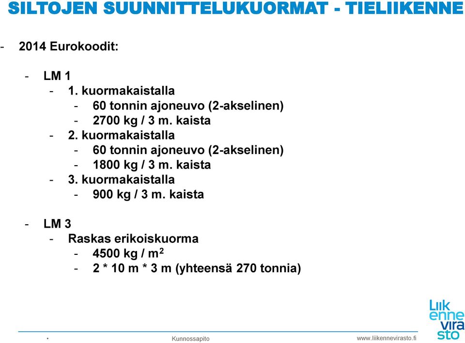 kuormakaistalla - 60 tonnin ajoneuvo (2-akselinen) - 1800 kg / 3 m. kaista - 3.