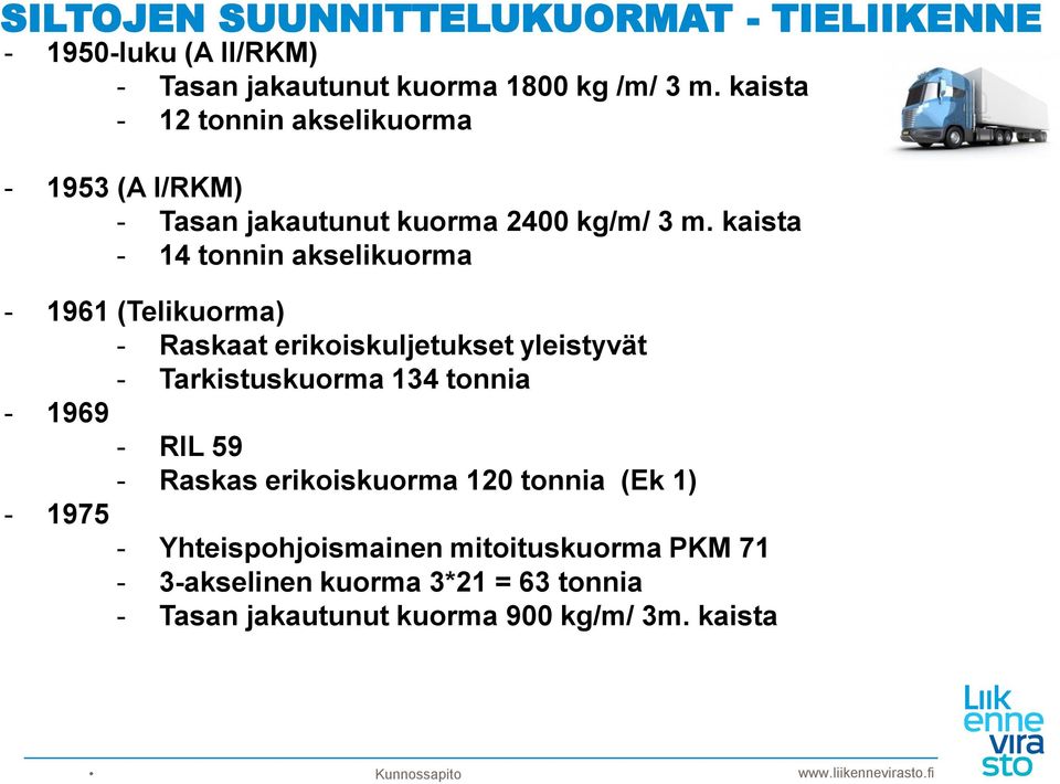 kaista - 14 tonnin akselikuorma - 1961 (Telikuorma) - Raskaat erikoiskuljetukset yleistyvät - Tarkistuskuorma 134 tonnia - 1969