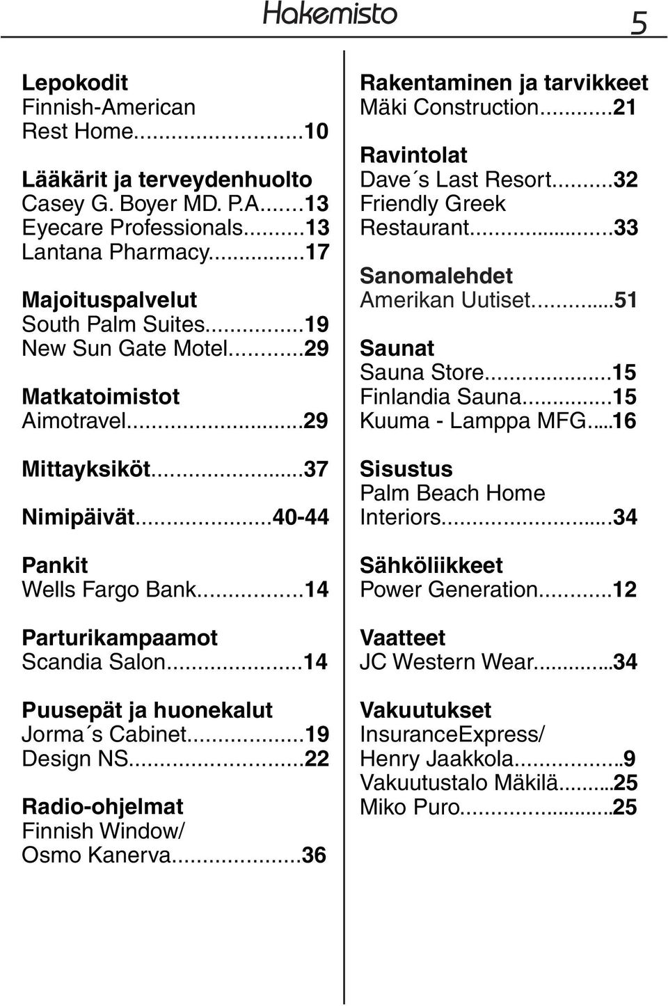 ..19 Design NS...22 Radio-ohjelmat Finnish Window/ Osmo Kanerva...36 Rakentaminen ja tarvikkeet Mäki Construction...21 Ravintolat Dave s Last Resort...32 Friendly Greek Restaurant.