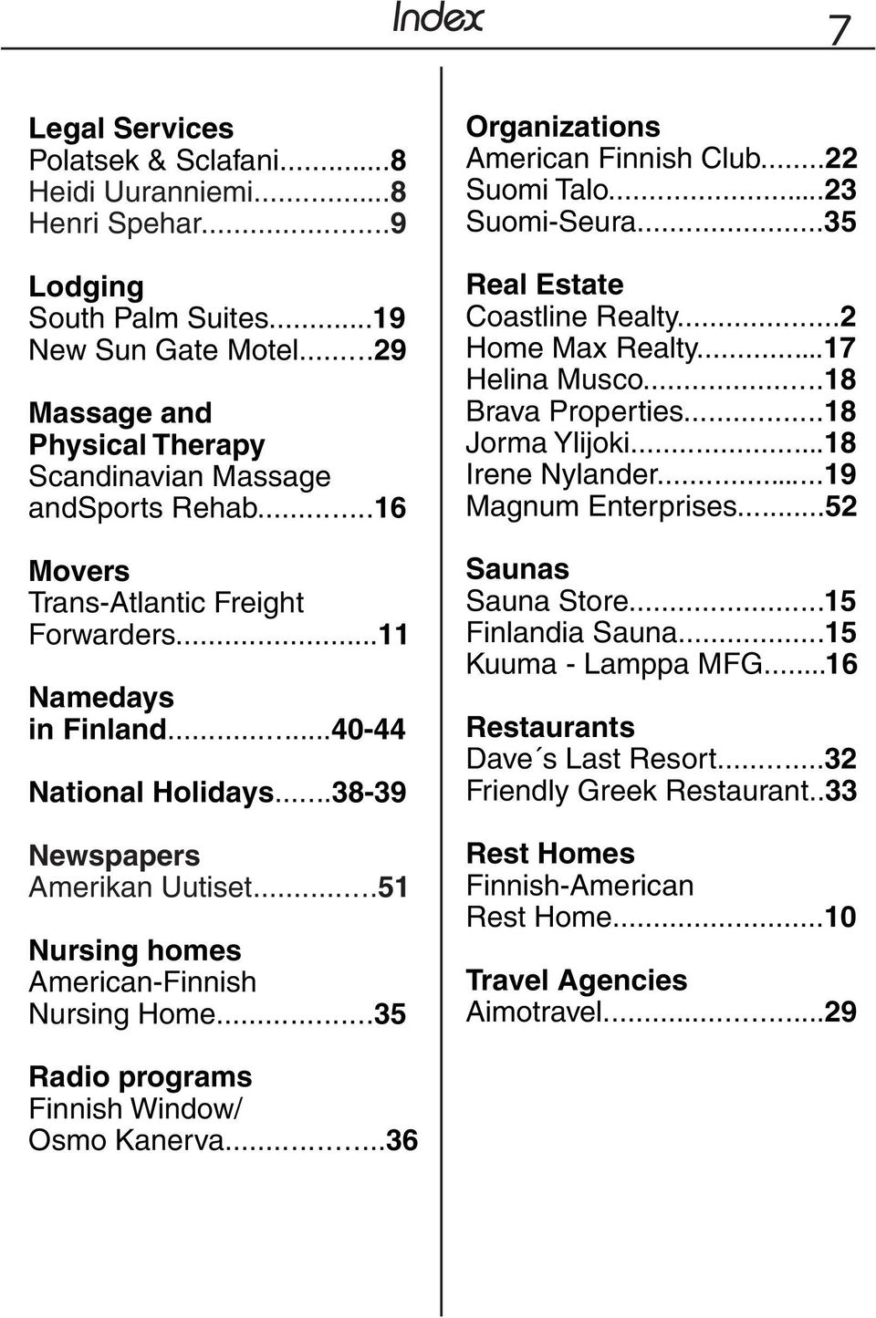 ..38-39 Newspapers Amerikan Uutiset...51 Nursing homes American-Finnish Nursing Home...35 Organizations American Finnish Club...22 Suomi Talo...23 Suomi-Seura...35 Real Estate Coastline Realty.