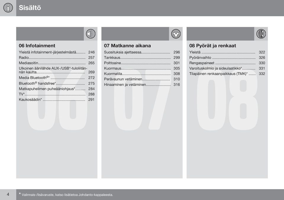 .. 310 Bluetooth handsfree*... 275 Hinaaminen ja vetäminen... 316 Matkapuhelimen puheääniohjaus*... 284 TV*... 288 Kaukosäädin*... 291 08 Pyörät ja renkaat 08 Yleistä.