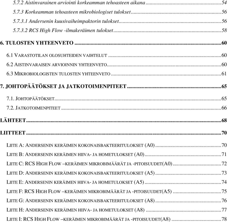 JOHTOPÄÄTÖKSET JA JATKOTOIMENPITEET...65 7.1. JOHTOPÄÄTÖKSET...65 7.2. JATKOTOIMENPITEET...66 LÄHTEET...68 LIITTEET...70 LIITE A: ANDERSENIN KERÄIMEN KOKONAISBAKTEERITULOKSET (A0).